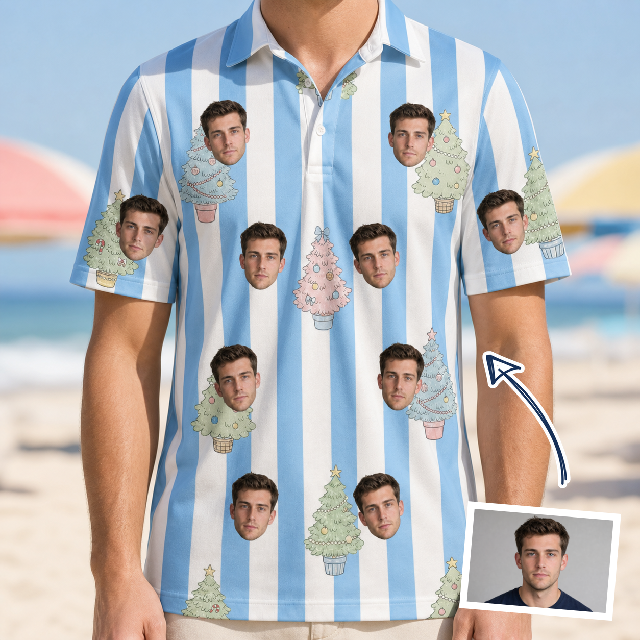 Man wearing Men's Bauble Ballet Custom Face Polo Shirt — custom faces printed all-over