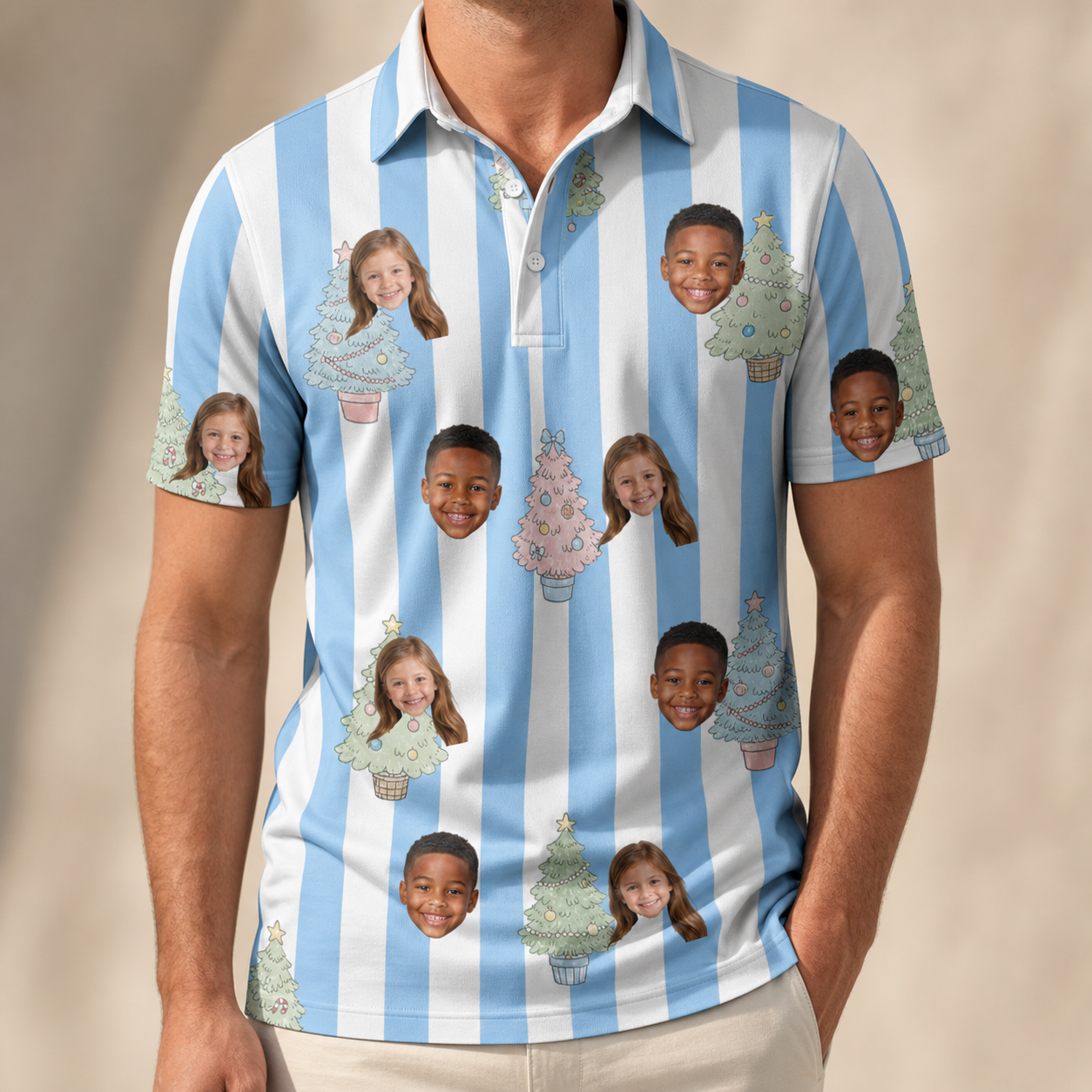 Model wearing Men's Bauble Ballet Custom Face Polo Shirt printed with kids' faces