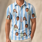 Model wearing Men's Bauble Ballet Custom Face Polo Shirt printed with kids' faces