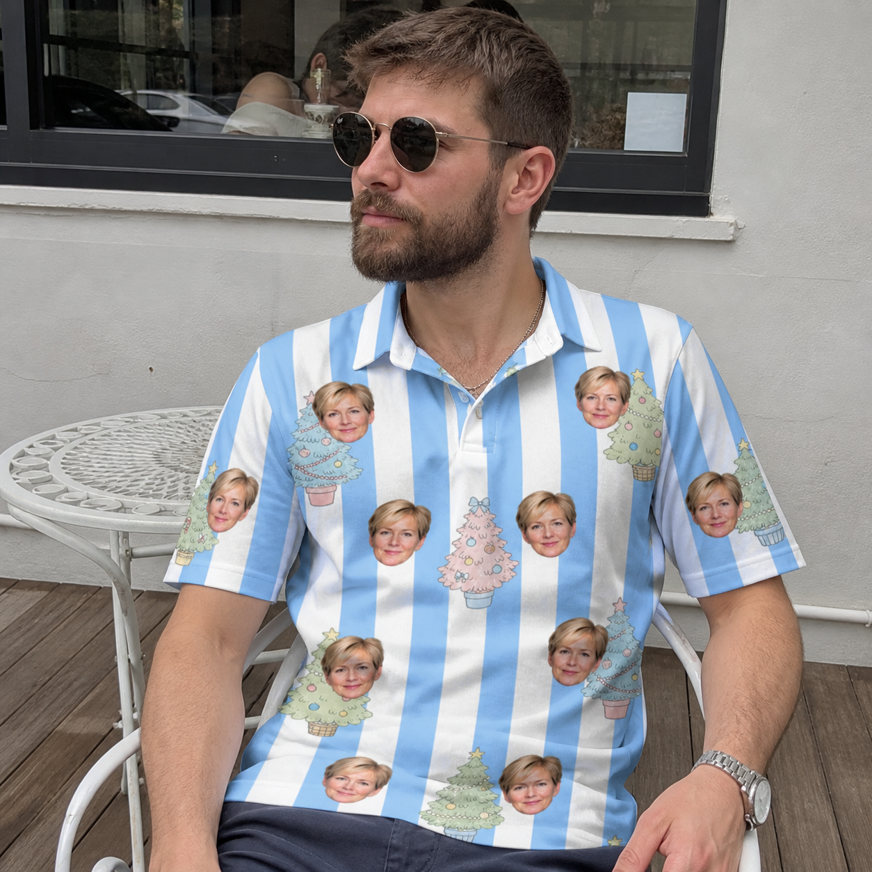 Real-life photo of someone wearing Men's Bauble Ballet Custom Face Polo Shirt — custom faces printed all-over