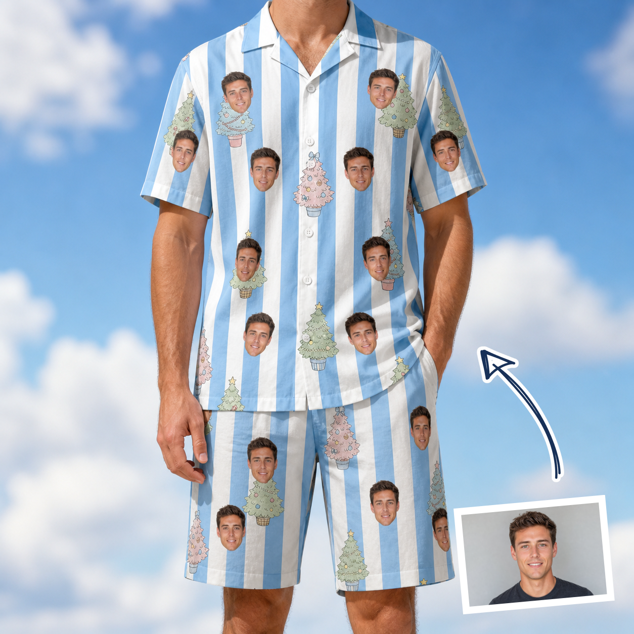 Man wearing Men's Bauble Ballet Custom Face Shirt & Shorts Set — custom faces printed all-over