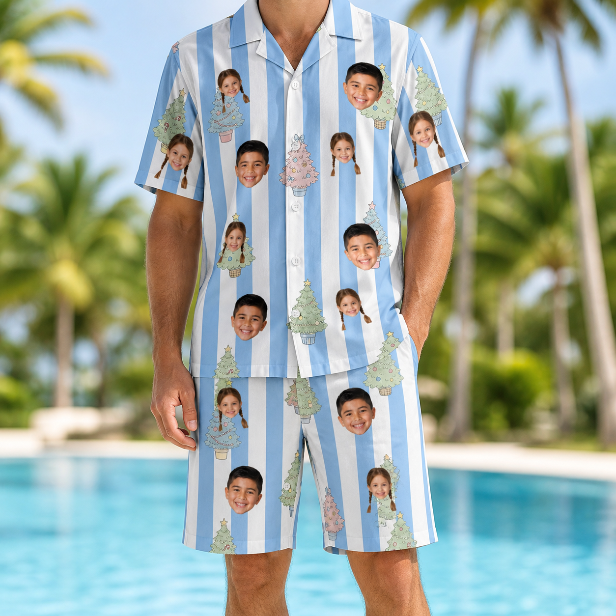Model wearing Men's Bauble Ballet Custom Face Shirt & Shorts Set printed with kids' faces