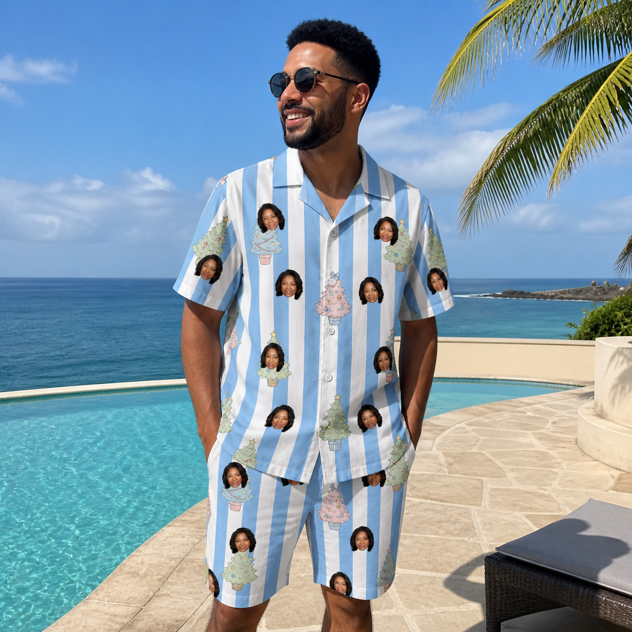 Real-life photo of someone wearing Men's Bauble Ballet Custom Face Shirt & Shorts Set — custom faces printed all-over