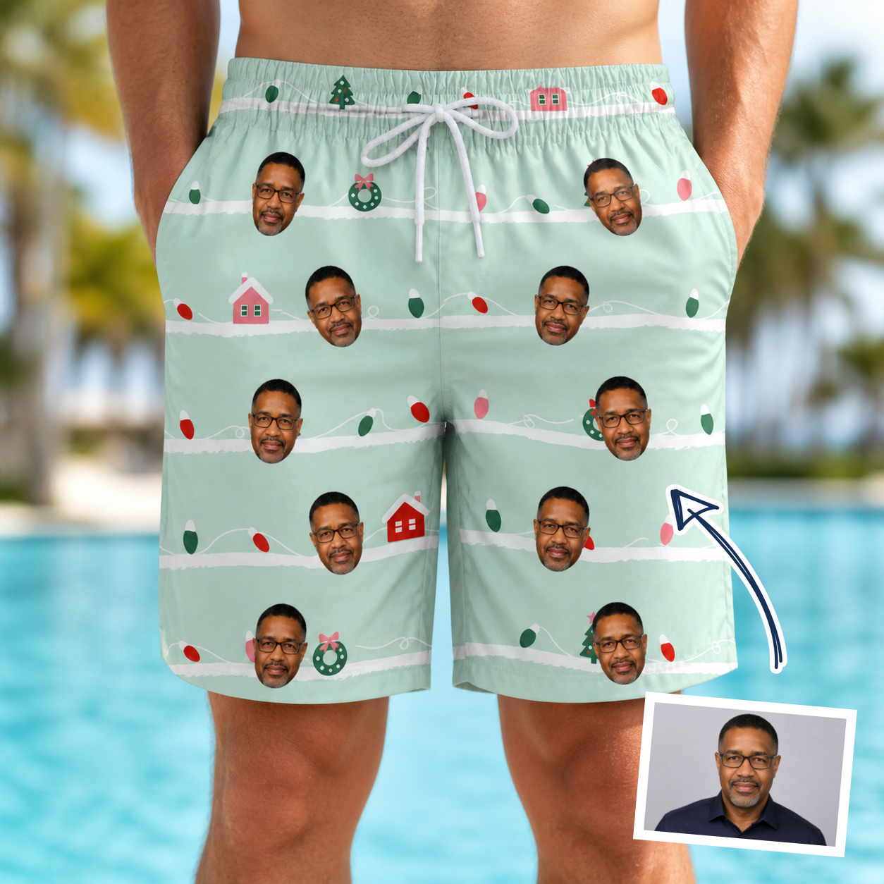 Man wearing Men's Neon Noel Custom Face Beach Shorts — custom faces printed all-over
