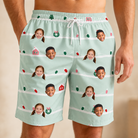 Model wearing Men's Neon Noel Custom Face Beach Shorts printed with kids' faces