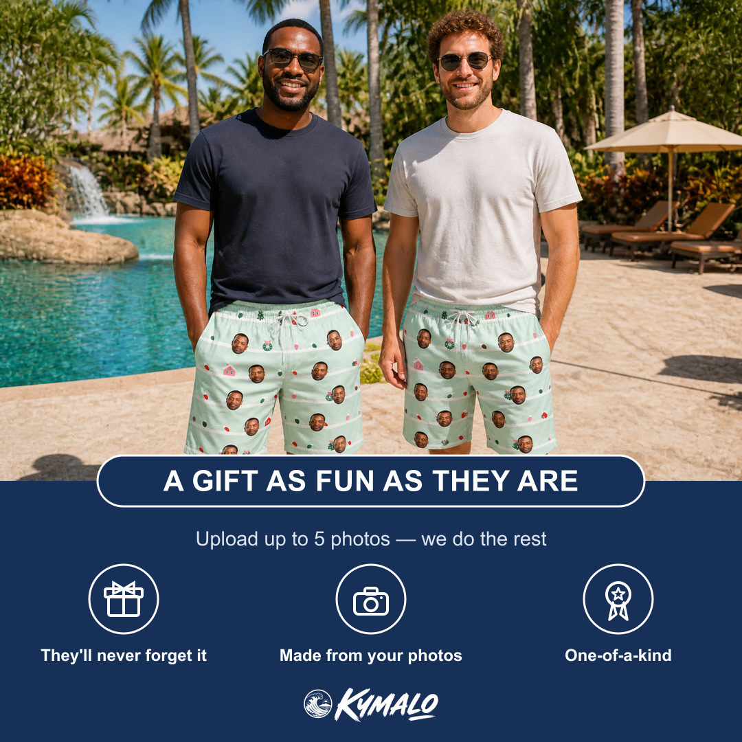 Friends in matching Men's Neon Noel Custom Face Beach Shorts — a group gift photo
