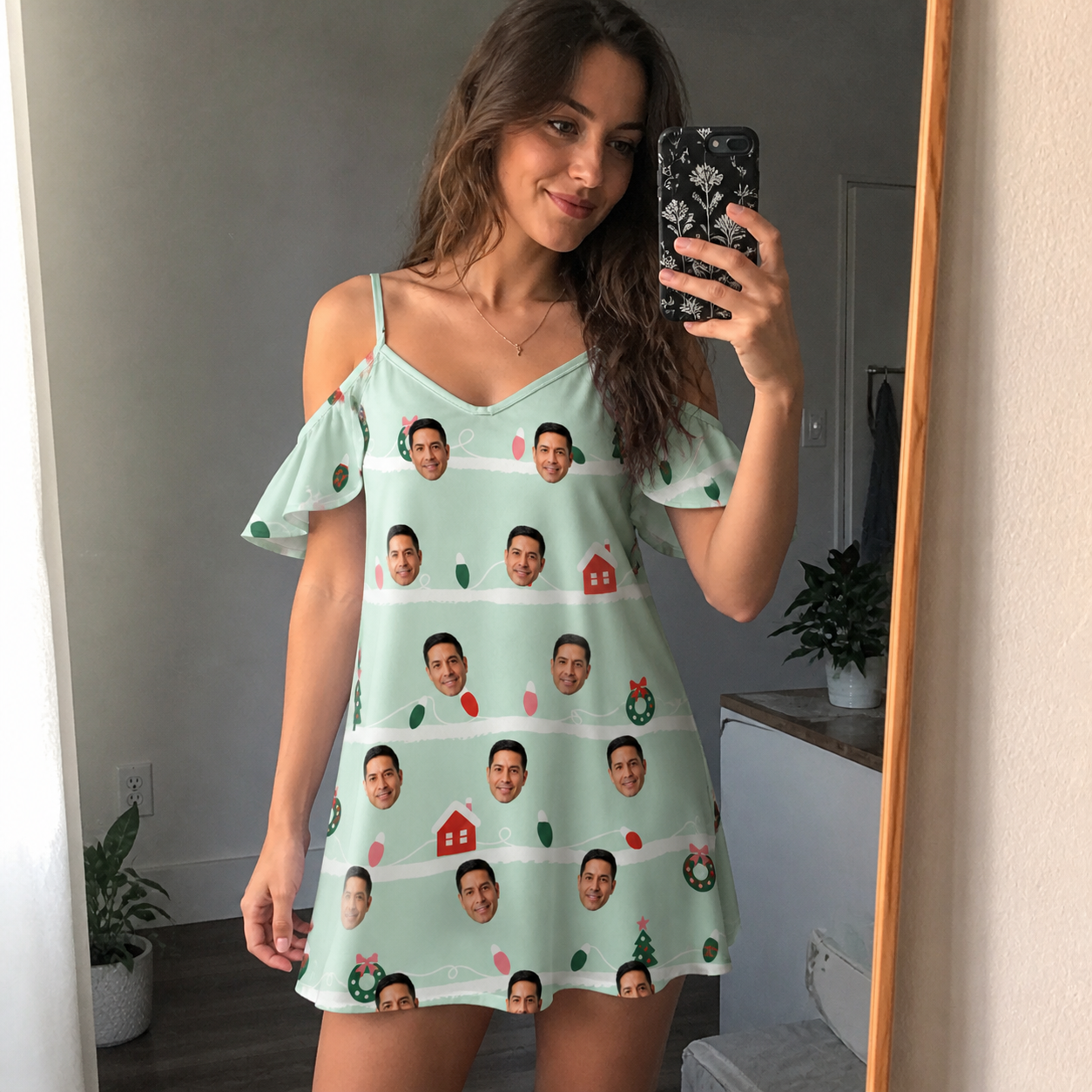 Real-life photo of someone wearing Women's Neon Noel Custom Face Off-Shoulder Dress — custom faces printed all-over