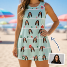 Woman wearing Women's Neon Noel Custom Face Tank Dress — custom faces printed all-over