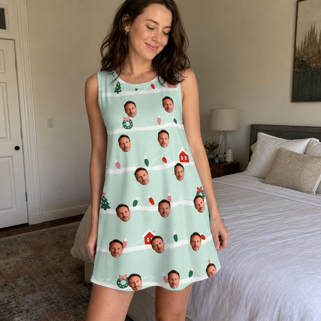 Real-life photo of someone wearing Women's Neon Noel Custom Face Tank Dress — custom faces printed all-over