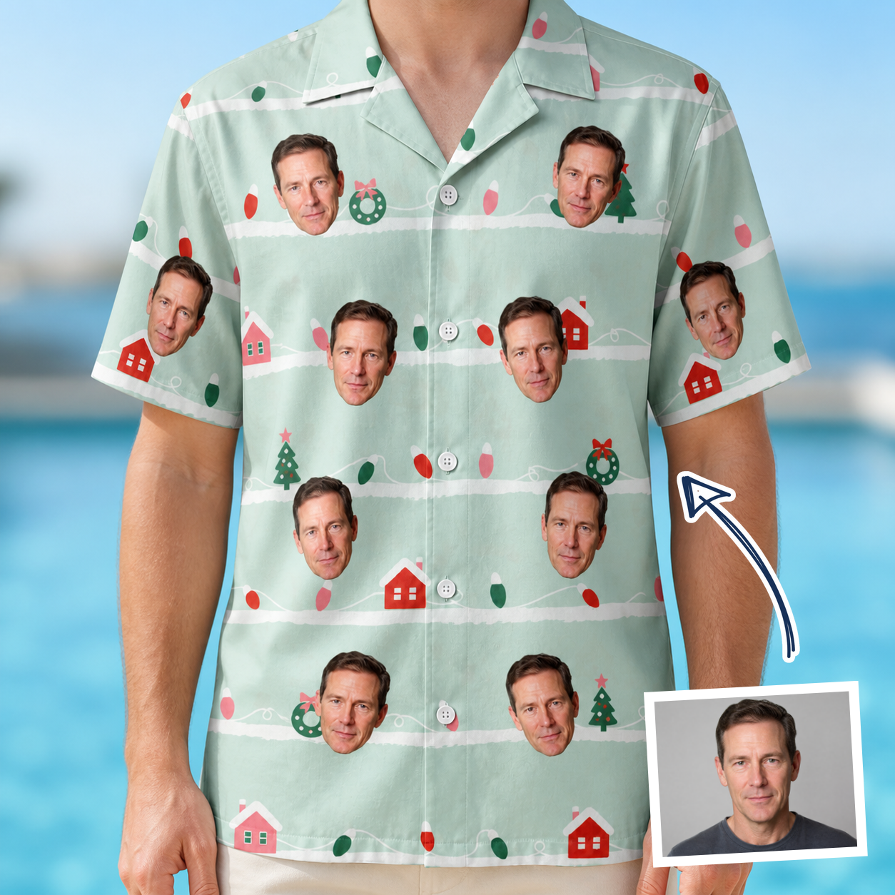 Man wearing Men's Neon Noel Custom Face Hawaiian Shirt — custom faces printed all-over