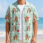 Man wearing Men's Neon Noel Custom Face Hawaiian Shirt open over a white tee