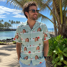 Real-life photo of someone wearing Men's Neon Noel Custom Face Hawaiian Shirt — custom faces printed all-over