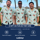 Friends in matching Men's Neon Noel Custom Face Hawaiian Shirt — a group gift photo