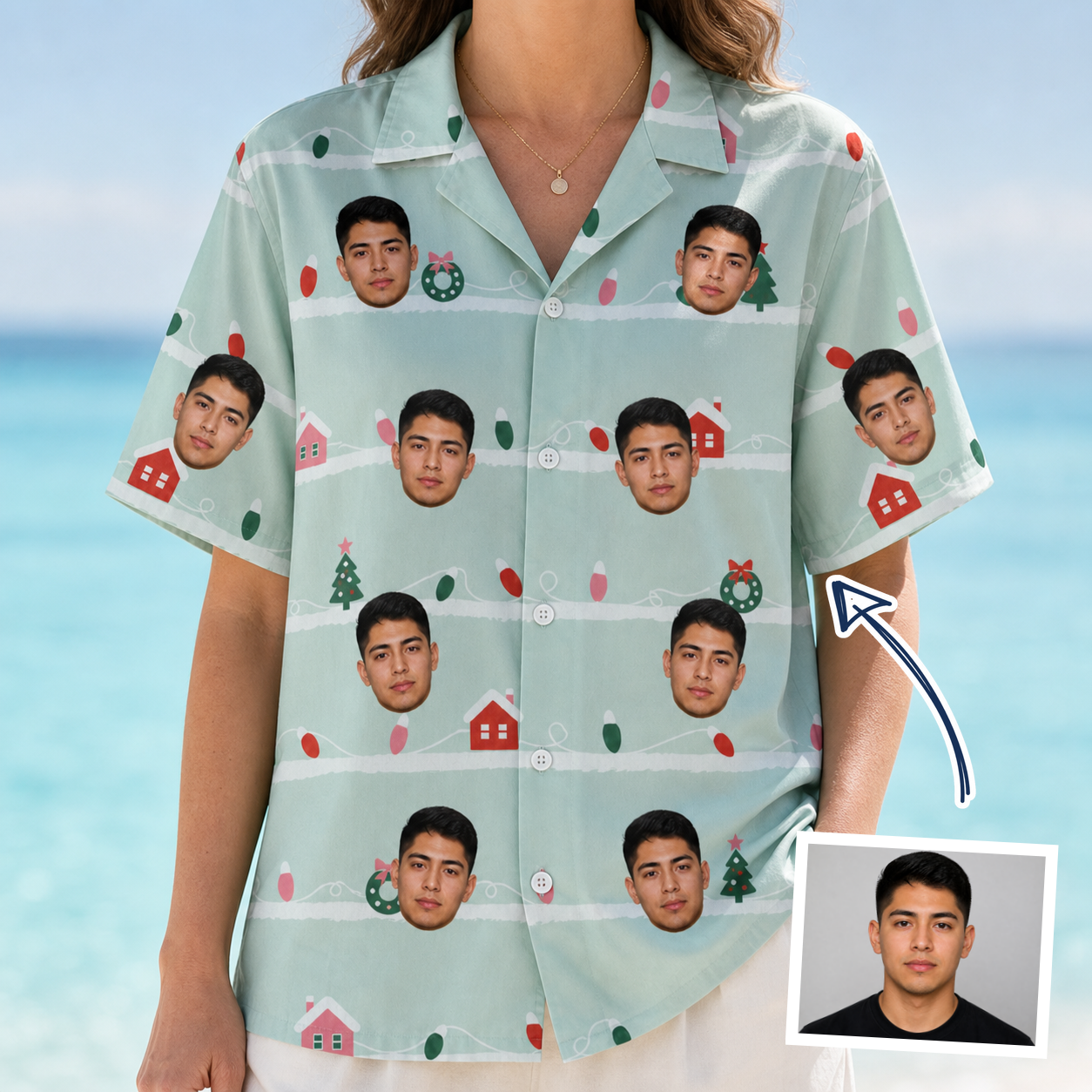 Woman wearing Women's Neon Noel Custom Face Hawaiian Shirt — custom faces printed all-over
