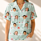 Model wearing Women's Neon Noel Custom Face Hawaiian Shirt printed with kids' faces