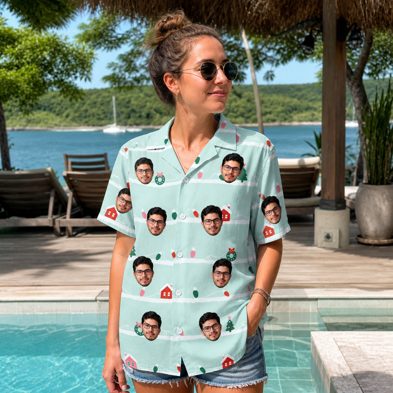 Real-life photo of someone wearing Women's Neon Noel Custom Face Hawaiian Shirt — custom faces printed all-over