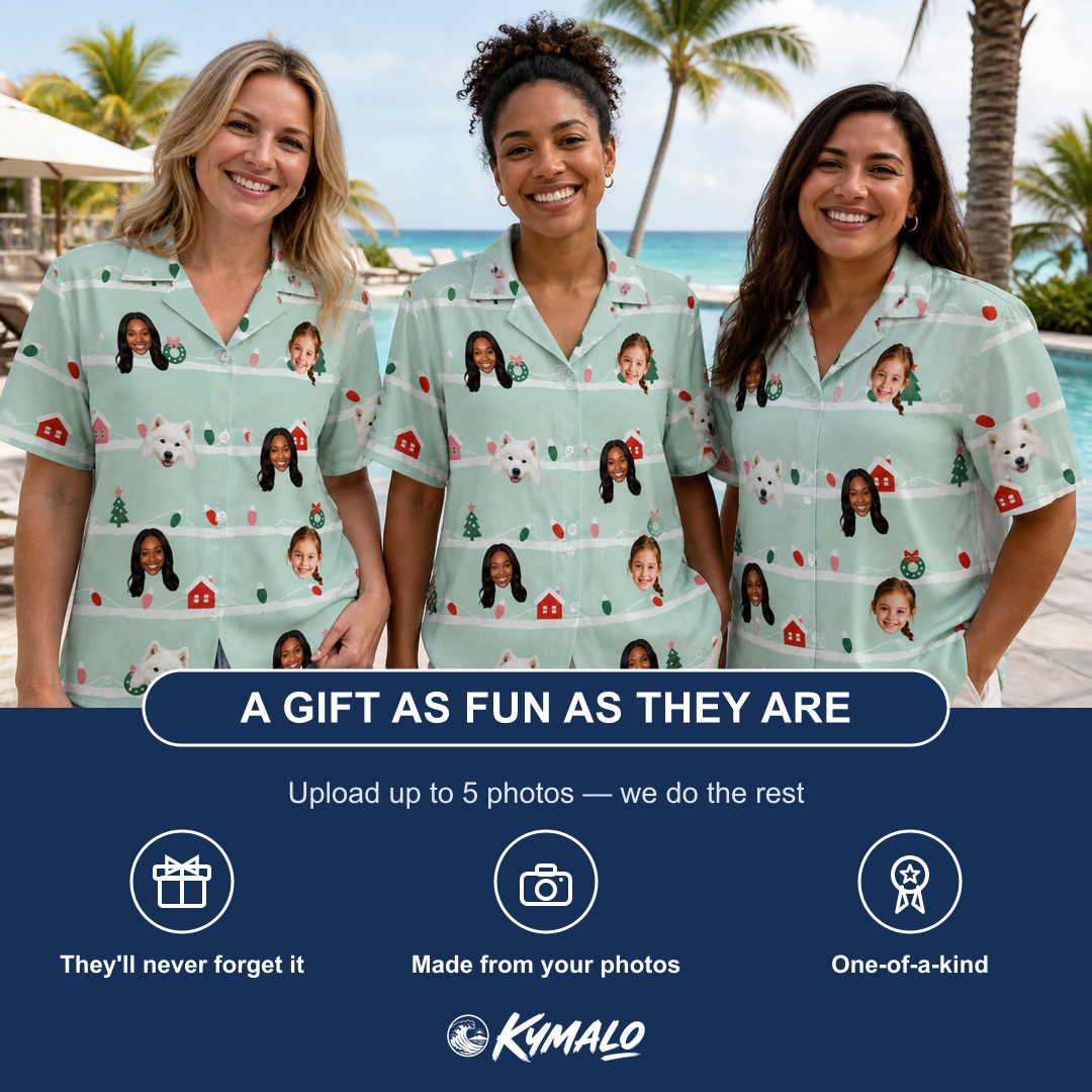 Friends in matching Women's Neon Noel Custom Face Hawaiian Shirt — a group gift photo