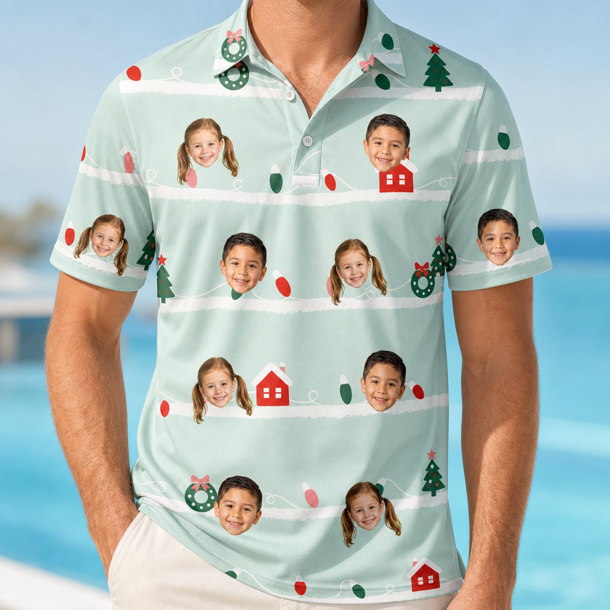 Model wearing Men's Neon Noel Custom Face Polo Shirt printed with kids' faces