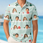 Model wearing Men's Neon Noel Custom Face Polo Shirt printed with kids' faces