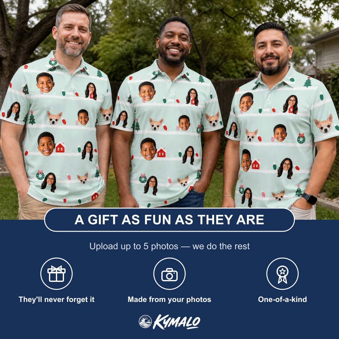 Friends in matching Men's Neon Noel Custom Face Polo Shirt — a group gift photo
