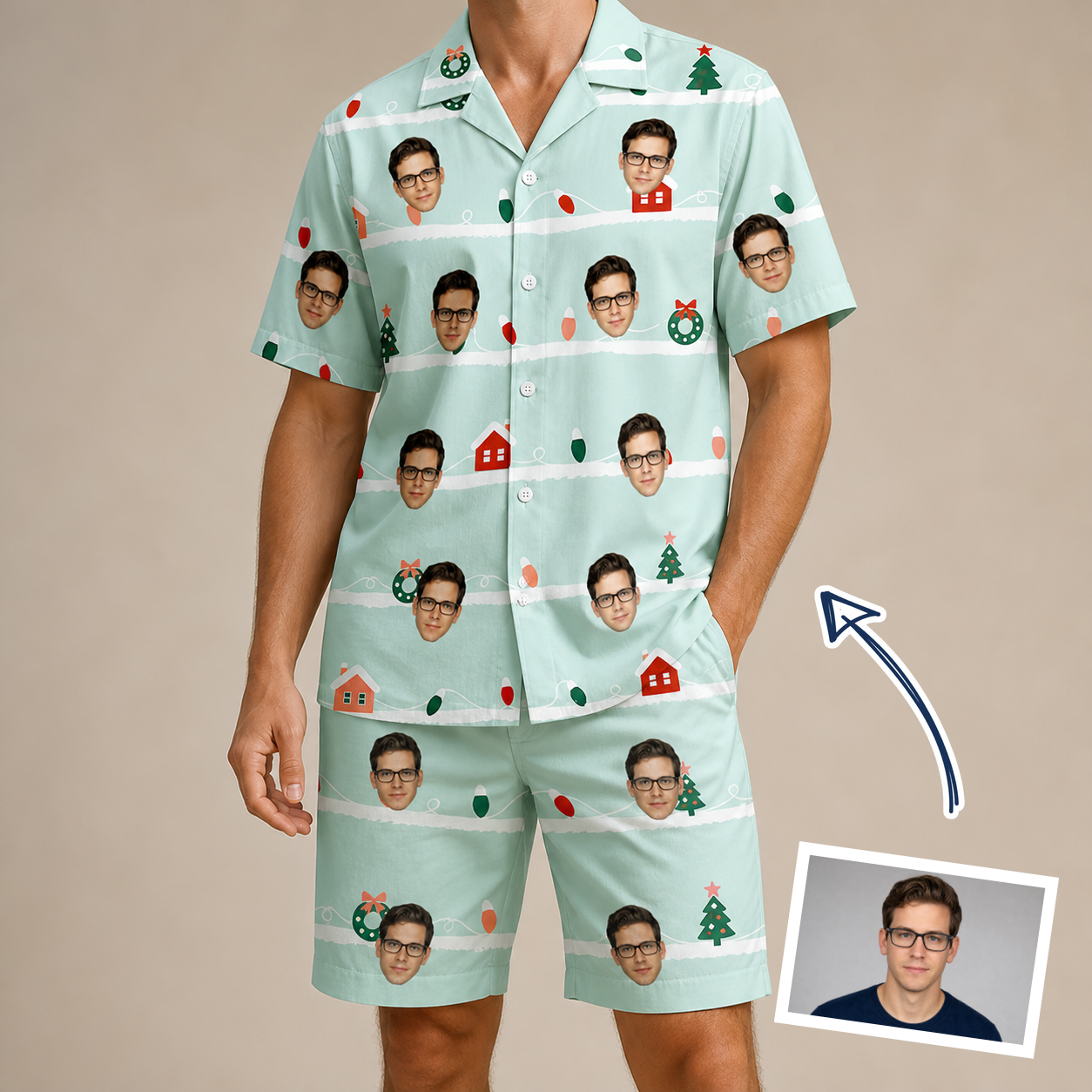 Man wearing Men's Neon Noel Custom Face Shirt & Shorts Set — custom faces printed all-over