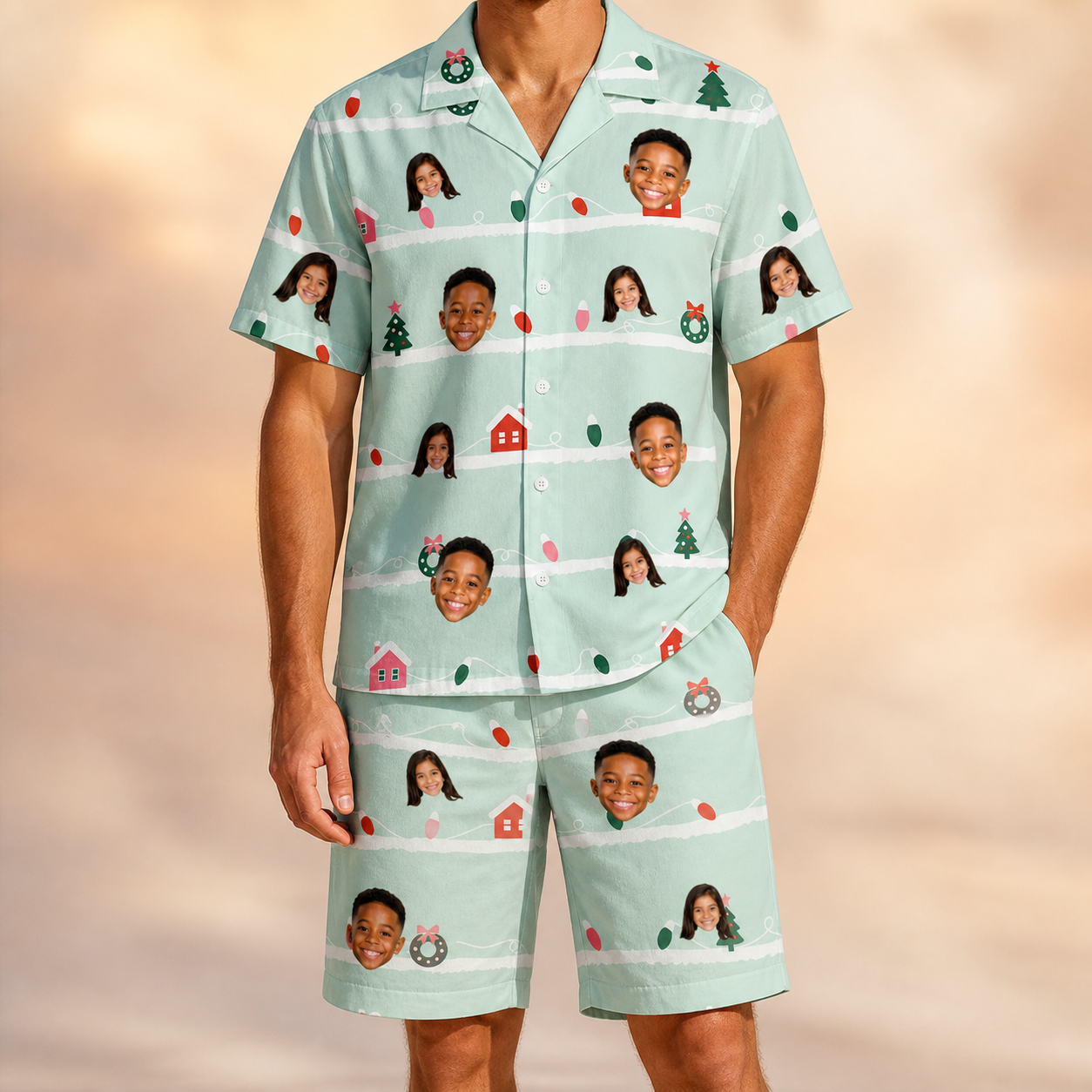 Model wearing Men's Neon Noel Custom Face Shirt & Shorts Set printed with kids' faces