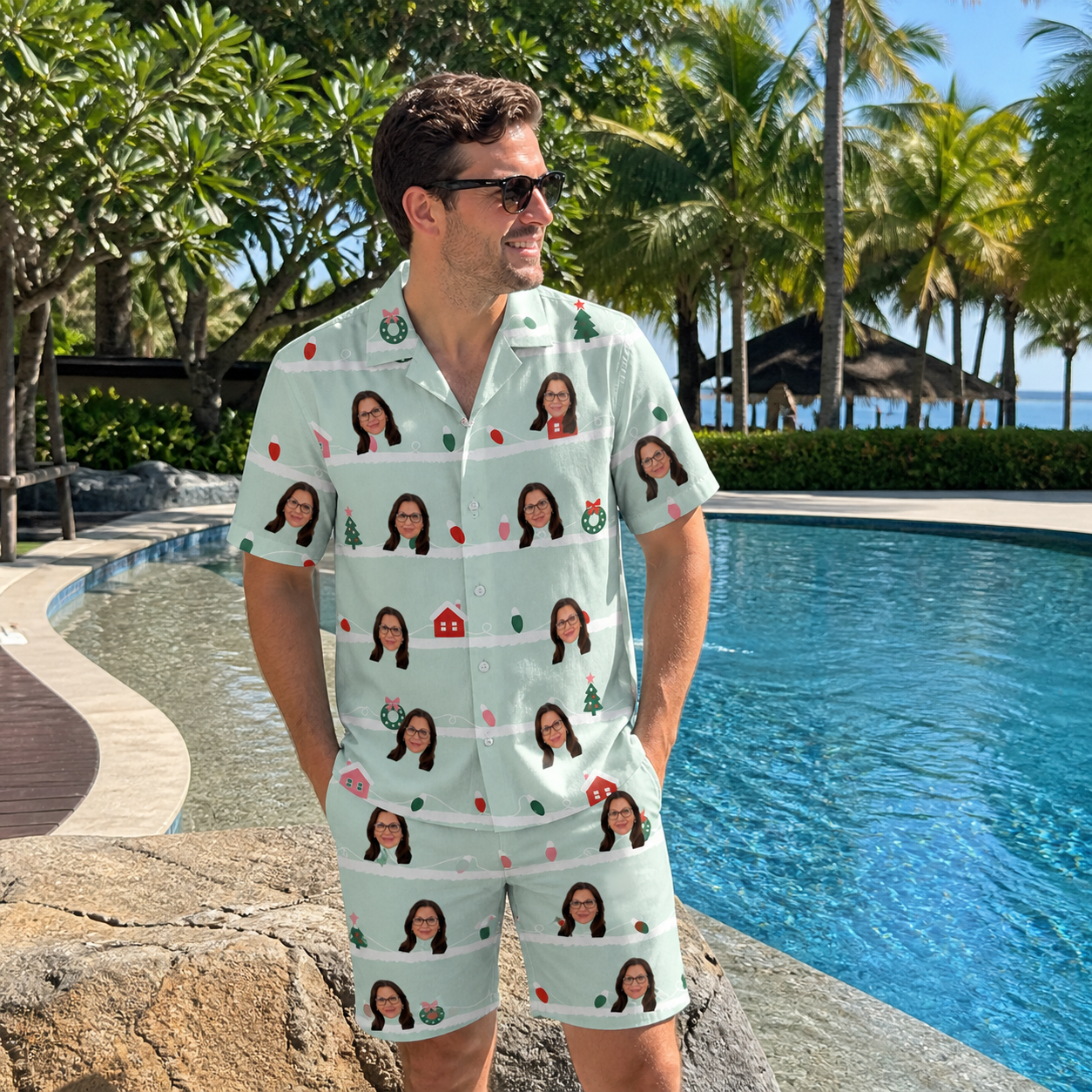 Real-life photo of someone wearing Men's Neon Noel Custom Face Shirt & Shorts Set — custom faces printed all-over