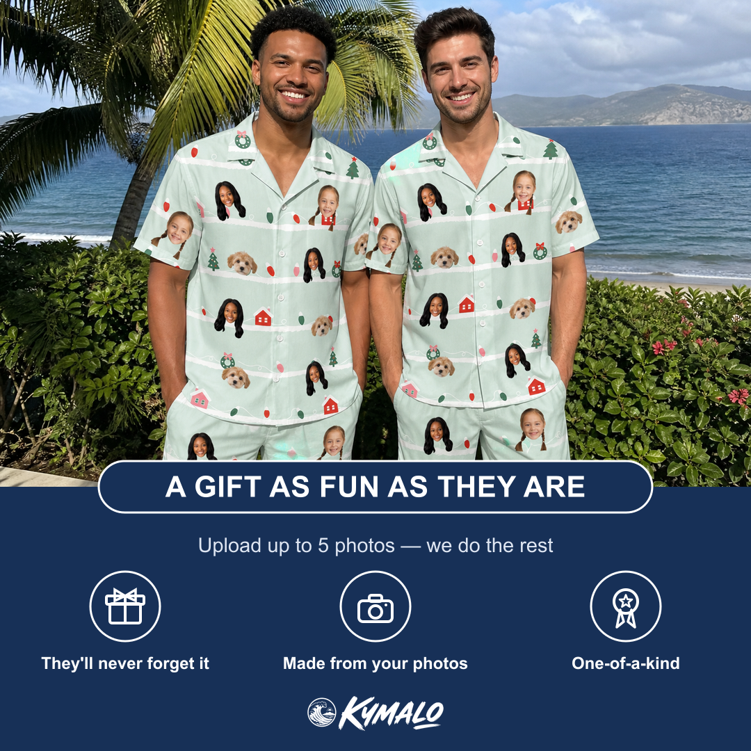 Friends in matching Men's Neon Noel Custom Face Shirt & Shorts Set — a group gift photo