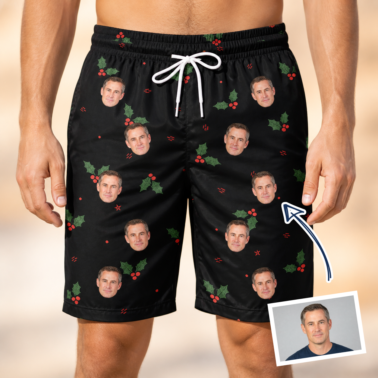 Man wearing Men's Holly Hush Custom Face Beach Shorts — custom faces printed all-over