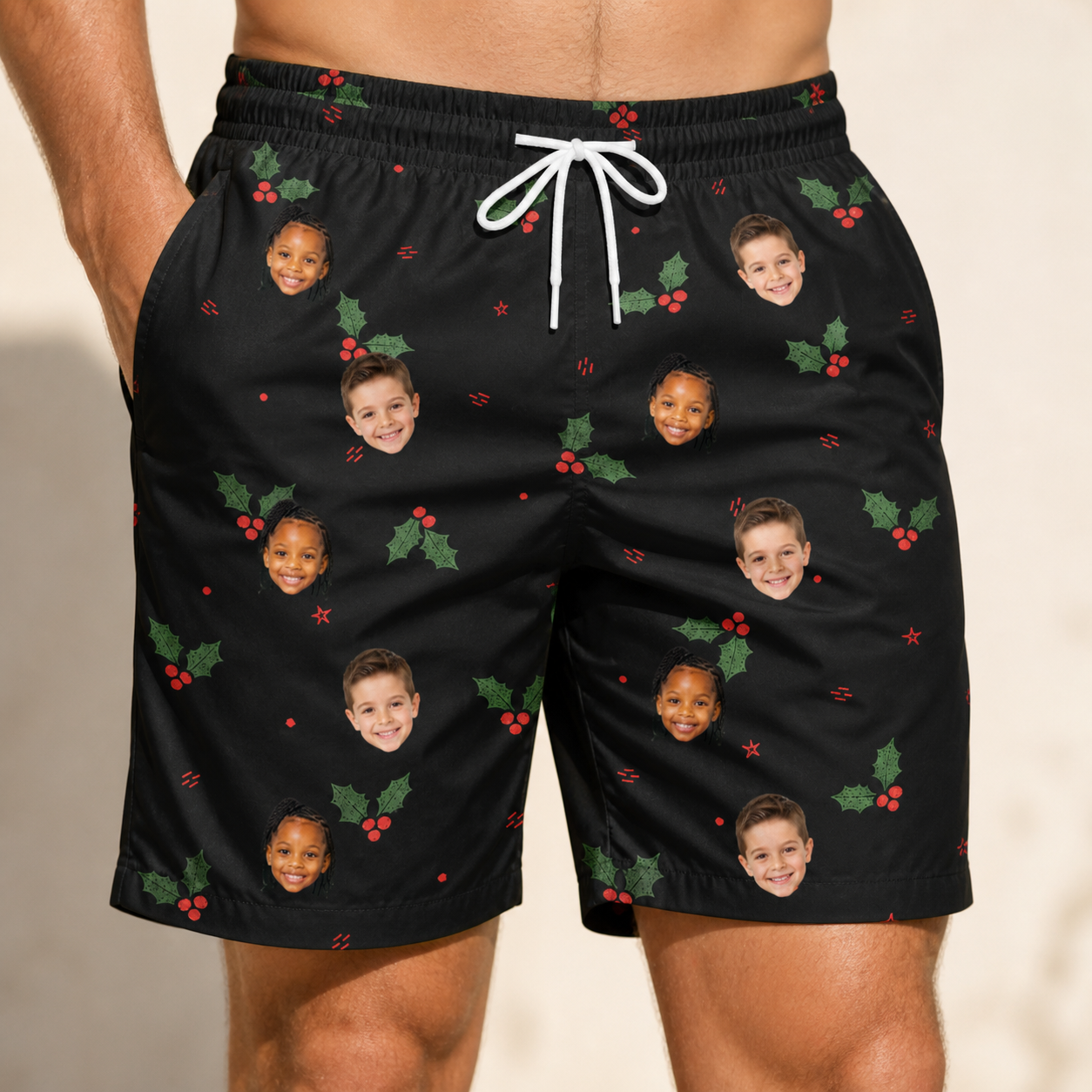 Model wearing Men's Holly Hush Custom Face Beach Shorts printed with kids' faces