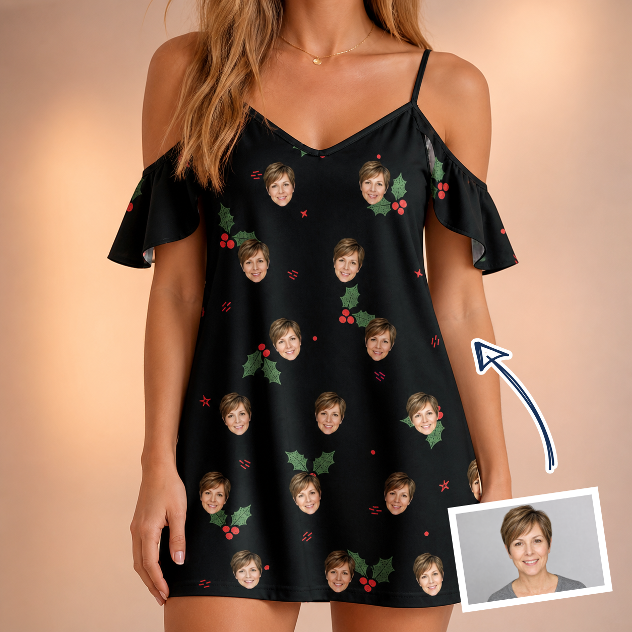 Woman wearing Women's Holly Hush Custom Face Off-Shoulder Dress — custom faces printed all-over