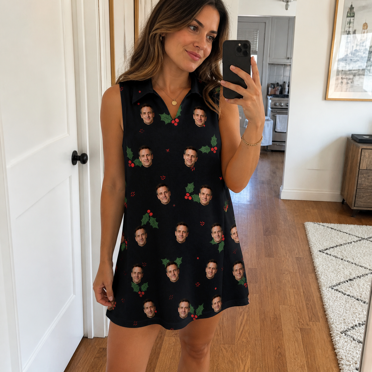 Real-life photo of someone wearing Women's Holly Hush Custom Face V-Neck Dress — custom faces printed all-over