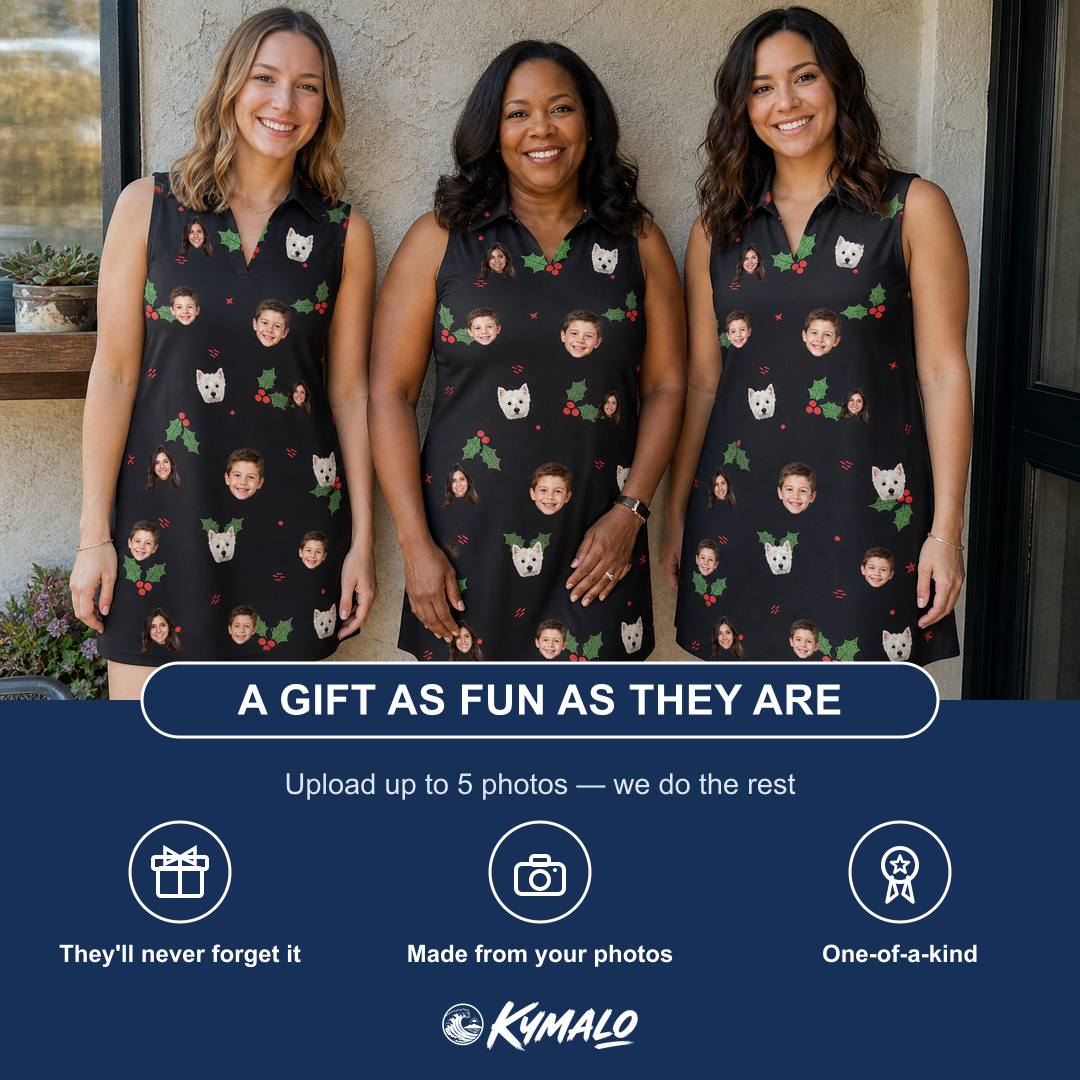Friends in matching Women's Holly Hush Custom Face V-Neck Dress — a group gift photo
