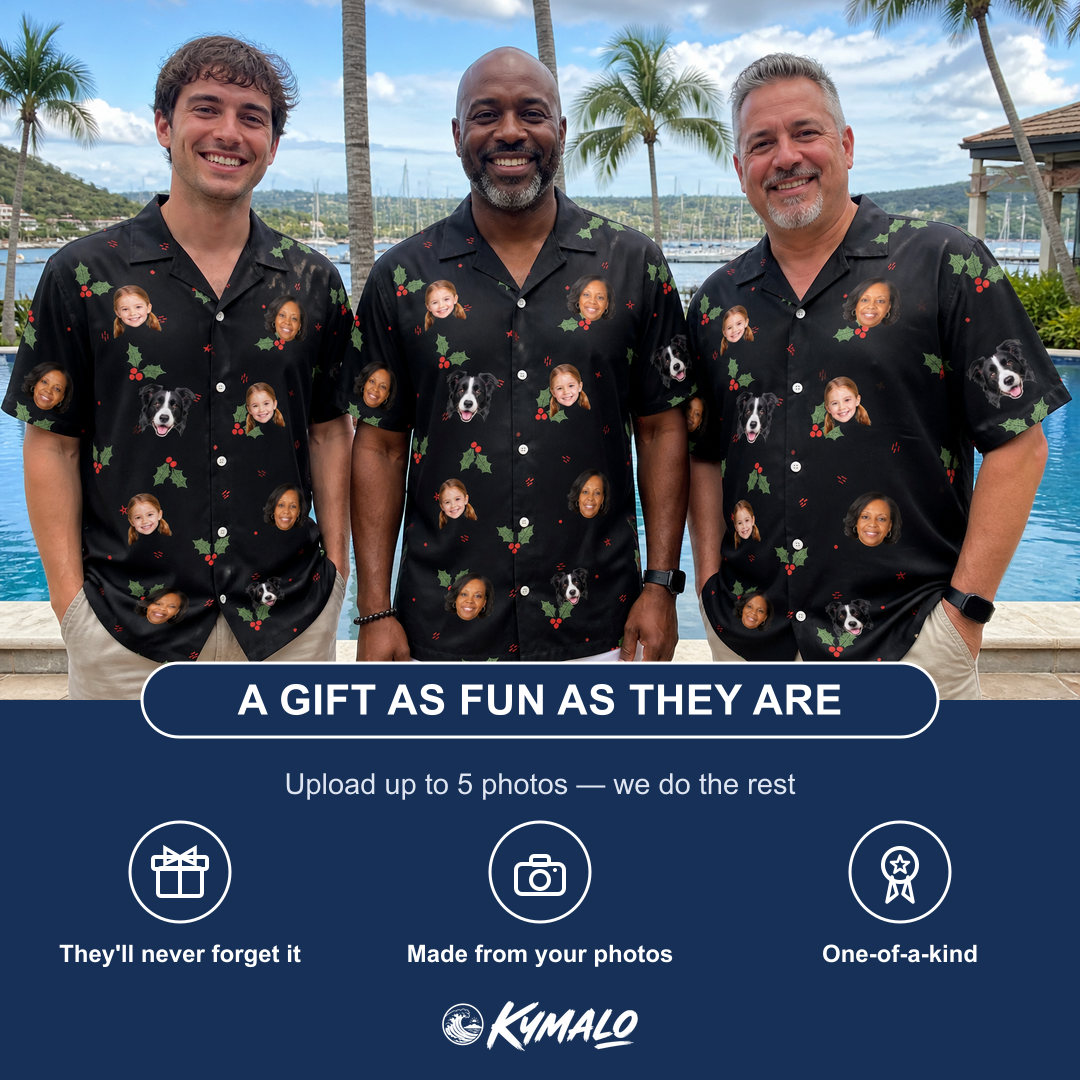Friends in matching Men's Holly Hush Custom Face Hawaiian Shirt — a group gift photo