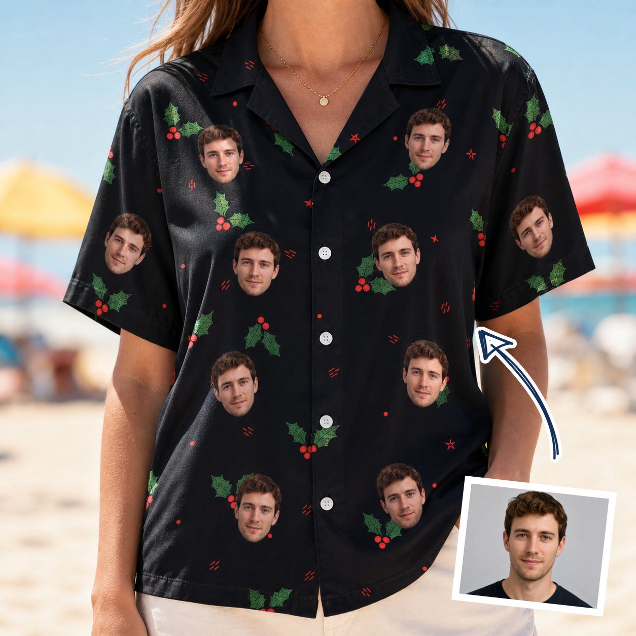 Woman wearing Women's Holly Hush Custom Face Hawaiian Shirt — custom faces printed all-over