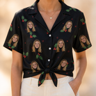 Woman wearing Women's Holly Hush Custom Face Hawaiian Shirt tied at the waist