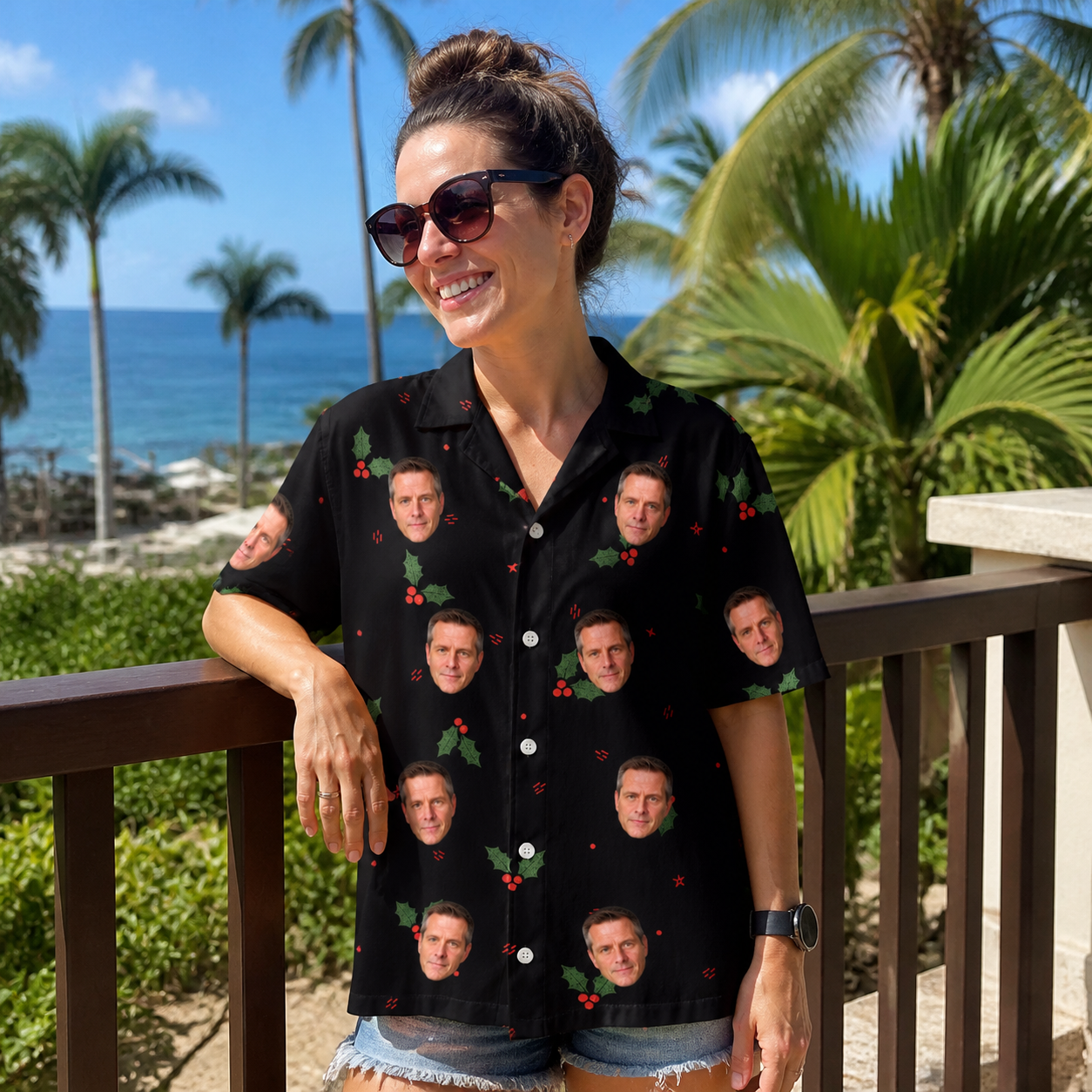 Real-life photo of someone wearing Women's Holly Hush Custom Face Hawaiian Shirt — custom faces printed all-over