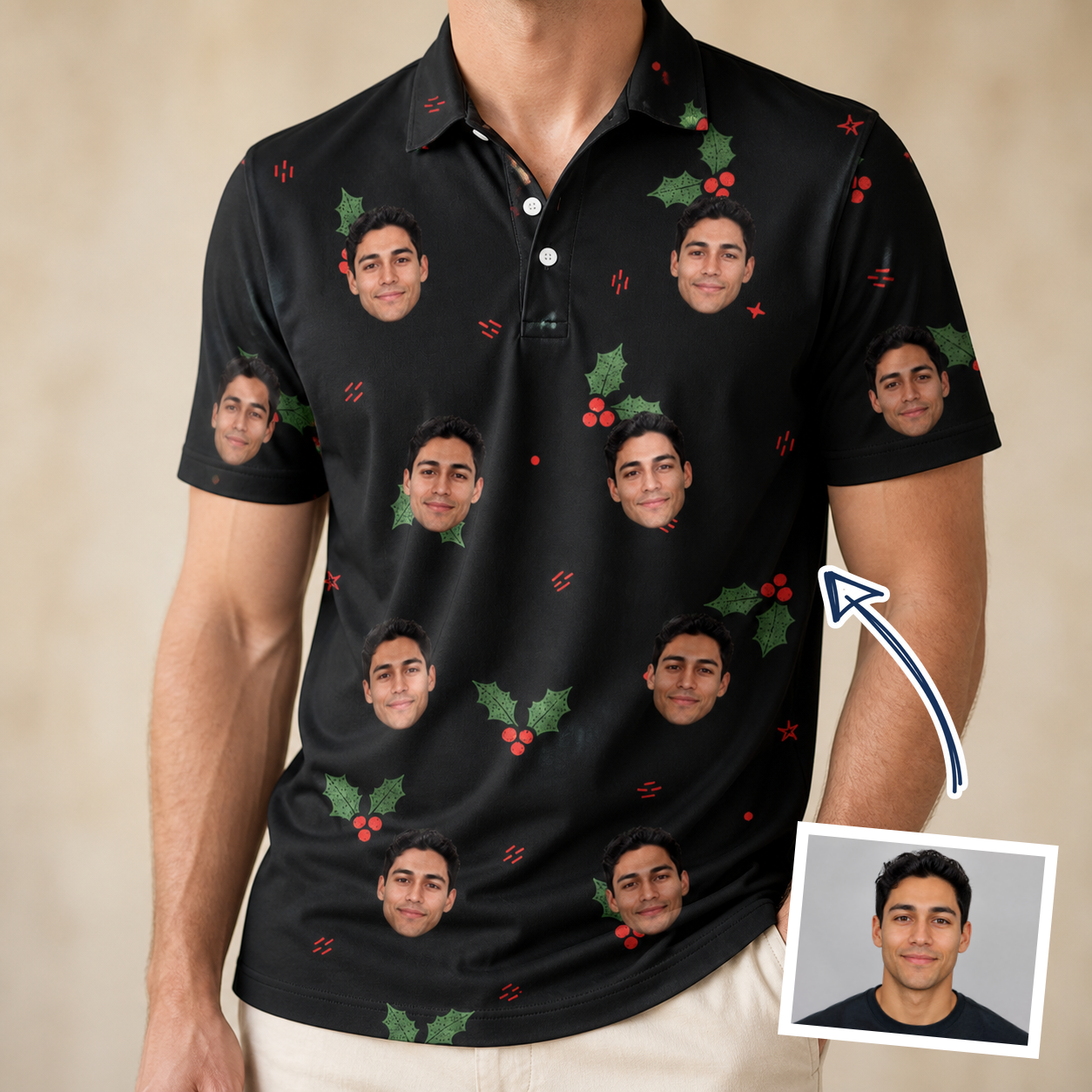 Man wearing Men's Holly Hush Custom Face Polo Shirt — custom faces printed all-over