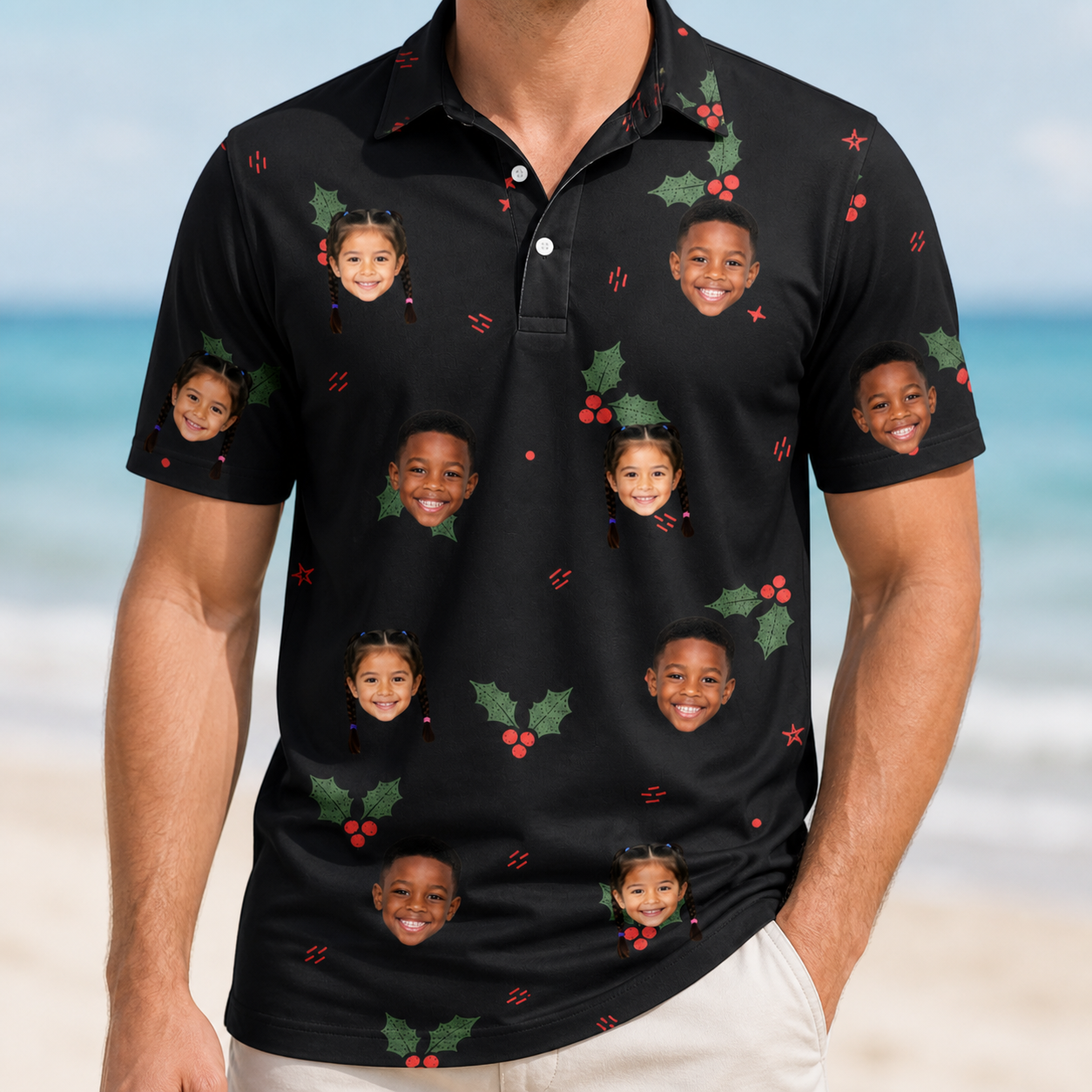 Model wearing Men's Holly Hush Custom Face Polo Shirt printed with kids' faces