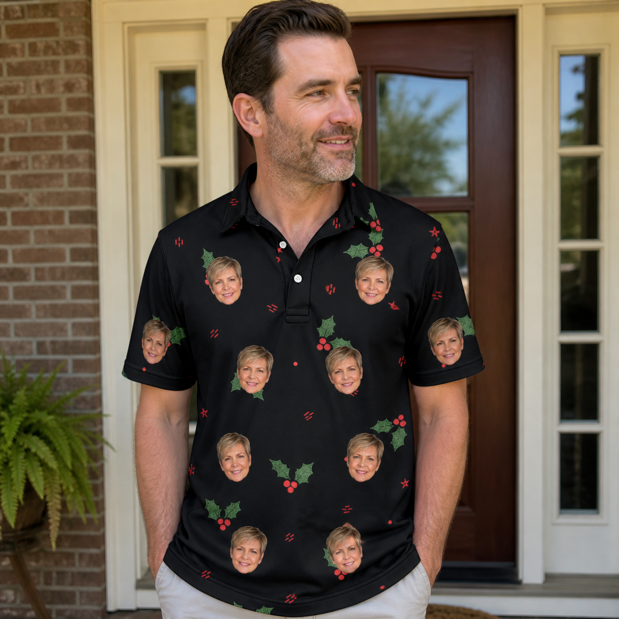Real-life photo of someone wearing Men's Holly Hush Custom Face Polo Shirt — custom faces printed all-over