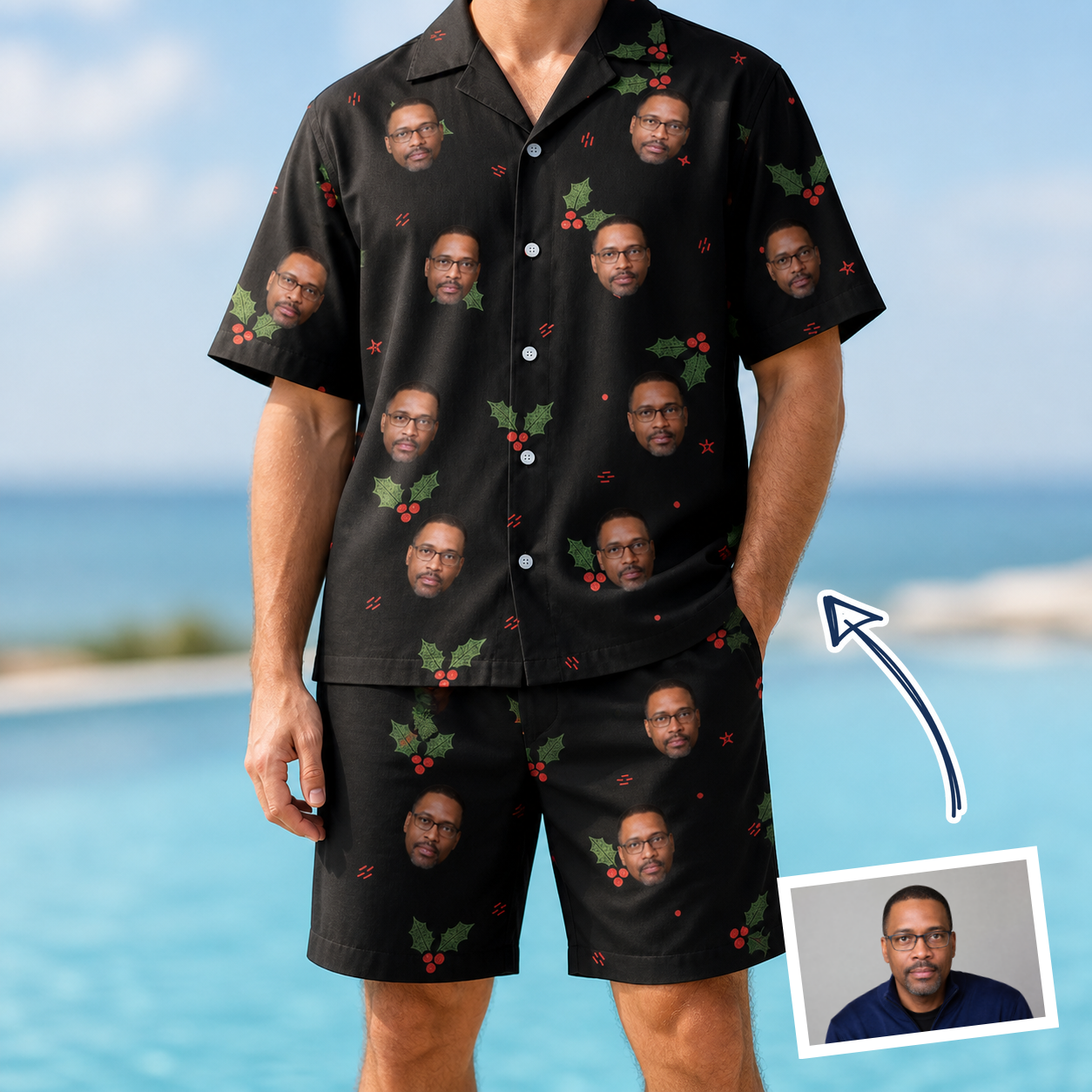Man wearing Men's Holly Hush Custom Face Shirt & Shorts Set — custom faces printed all-over