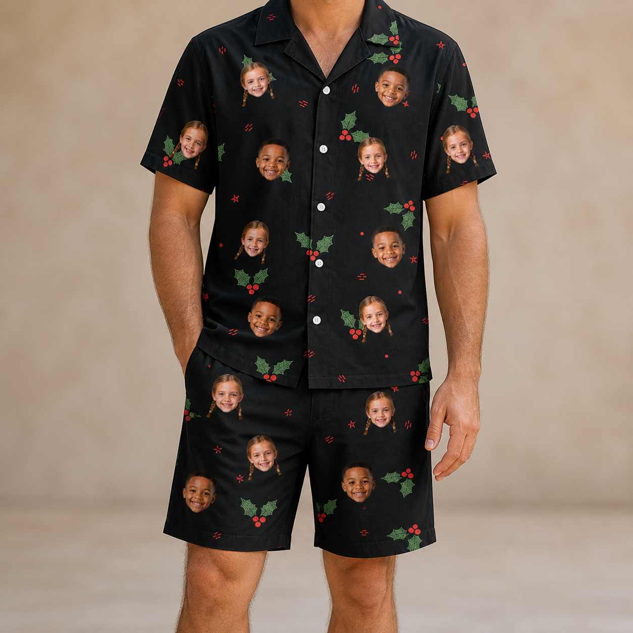 Model wearing Men's Holly Hush Custom Face Shirt & Shorts Set printed with kids' faces