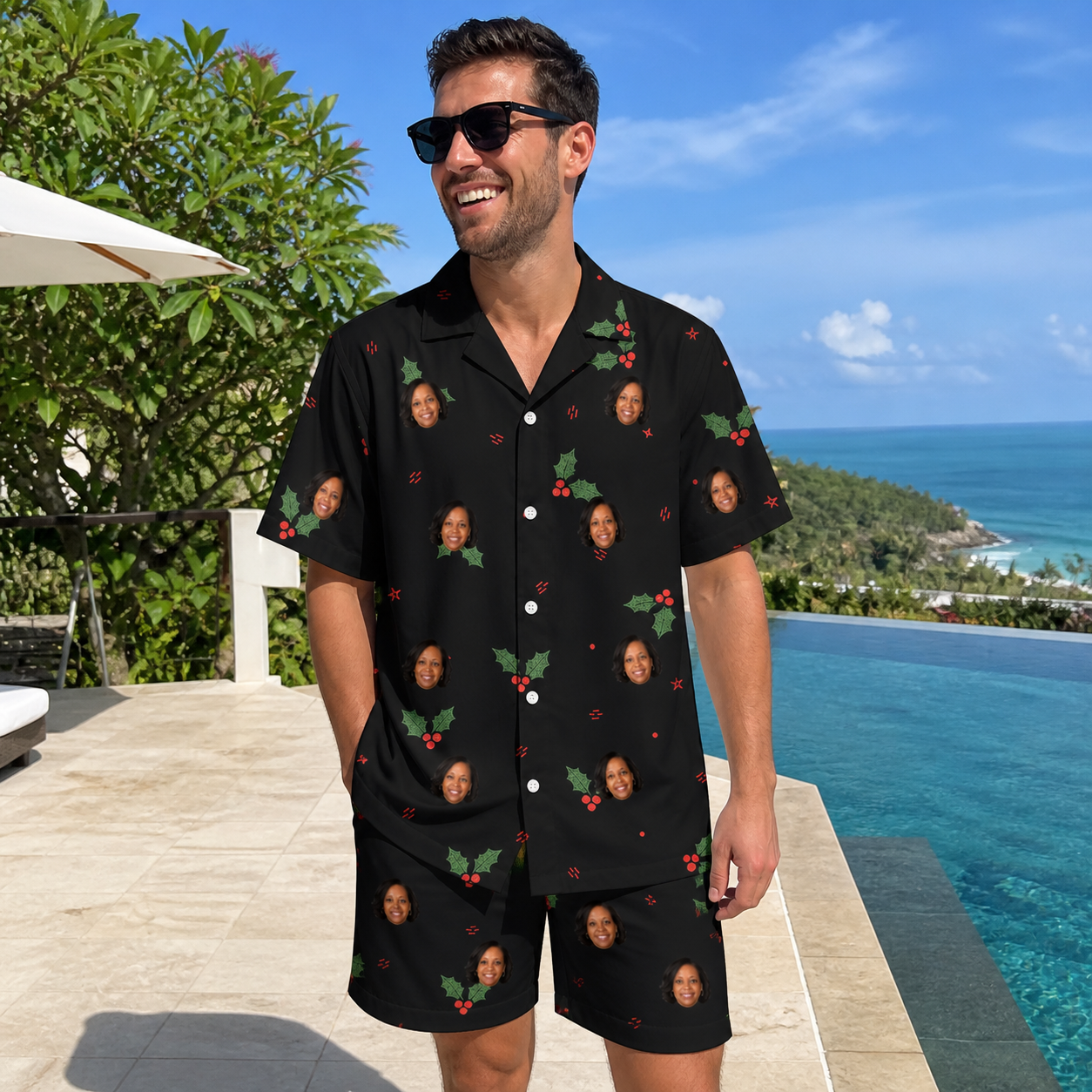 Real-life photo of someone wearing Men's Holly Hush Custom Face Shirt & Shorts Set — custom faces printed all-over