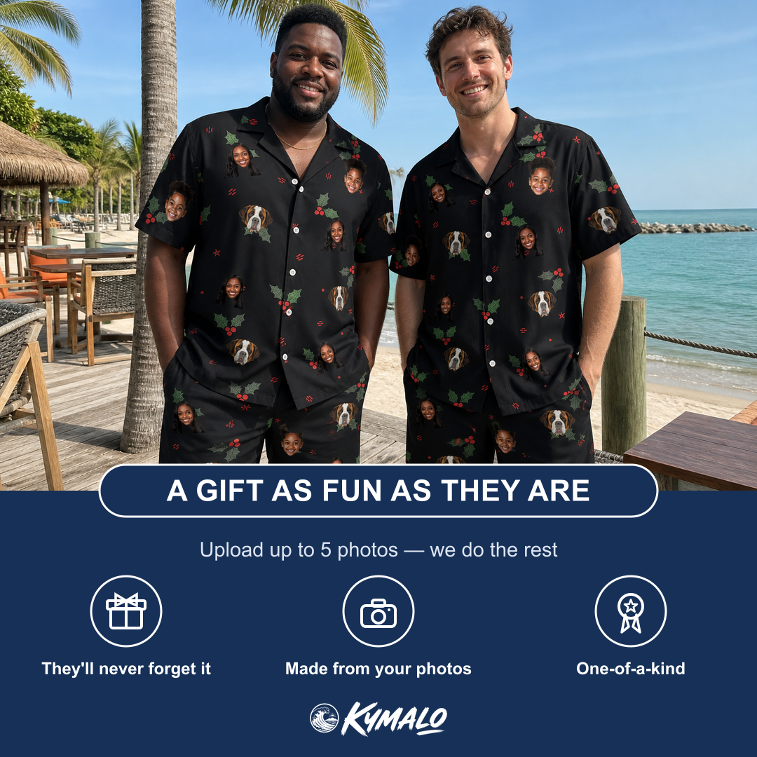 Friends in matching Men's Holly Hush Custom Face Shirt & Shorts Set — a group gift photo