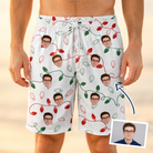 Man wearing Men's Merry Circuits Custom Face Beach Shorts — custom faces printed all-over