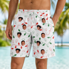 Model wearing Men's Merry Circuits Custom Face Beach Shorts printed with kids' faces