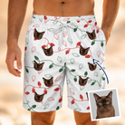 Man wearing Men's Merry Circuits Custom Cat Face Beach Shorts — custom faces printed all-over