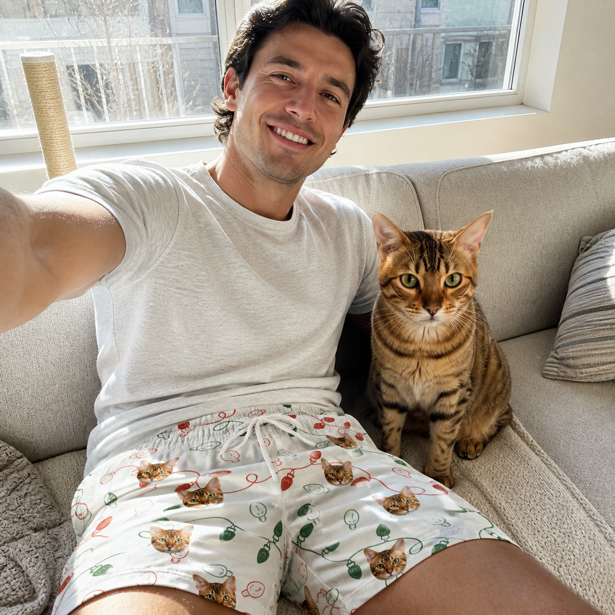 Selfie with the pet whose face is printed all over this Men's Merry Circuits Custom Cat Face Beach Shorts