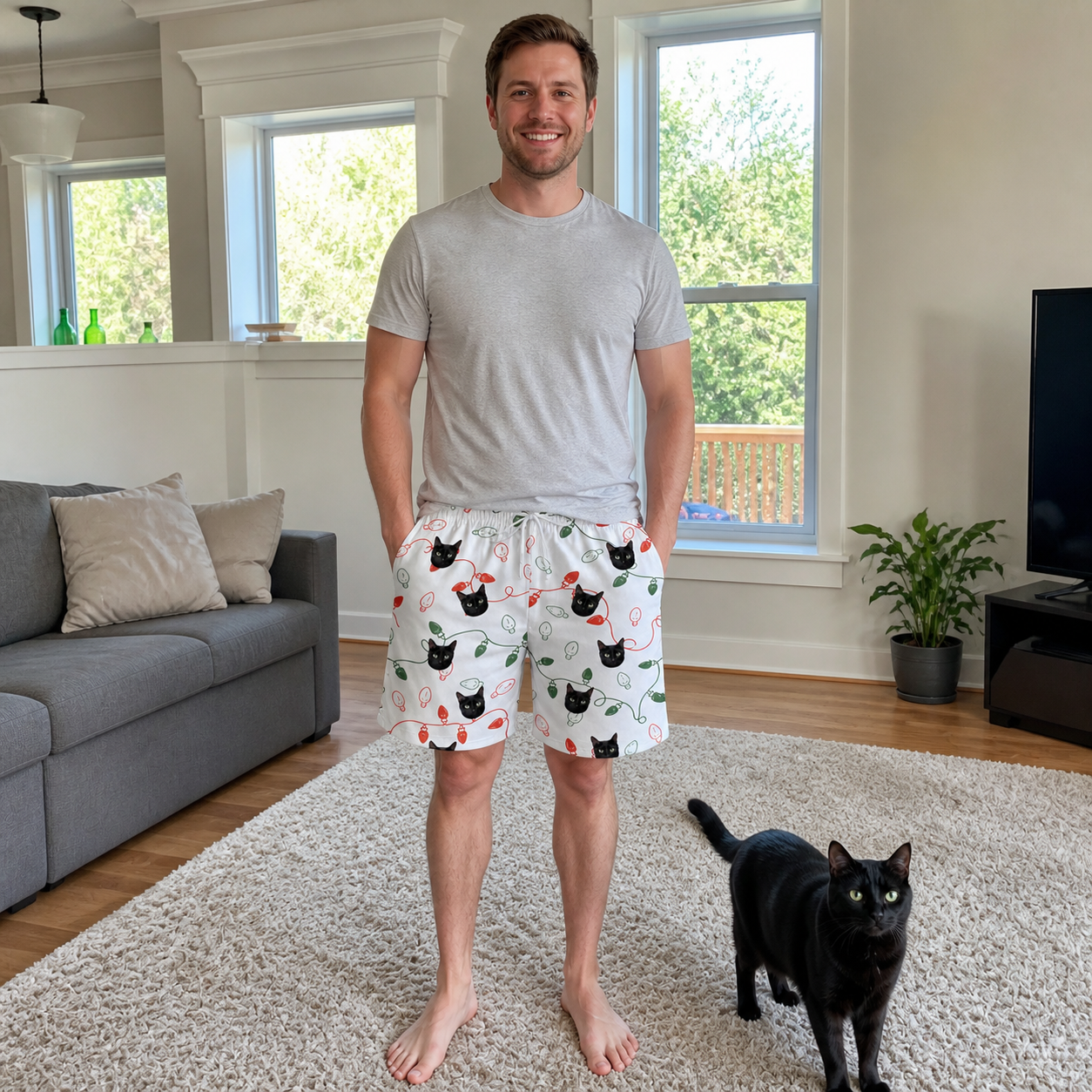 Full-length photo with the pet printed all over this Men's Merry Circuits Custom Cat Face Beach Shorts
