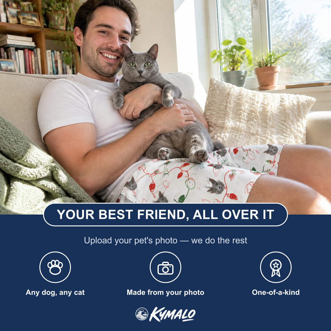 Friends in matching Men's Merry Circuits Custom Cat Face Beach Shorts — a group gift photo